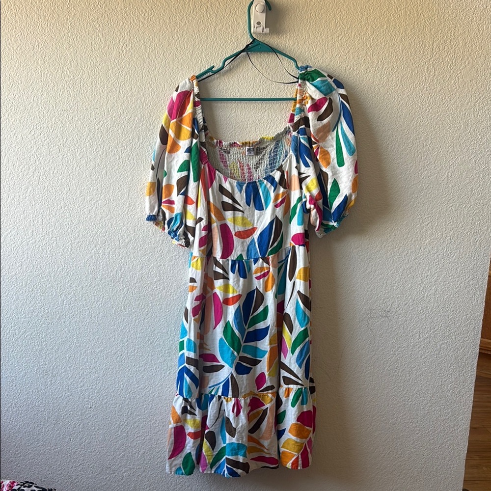 Red and Blue Scoop Neck Puff Sleeve Mini Dress